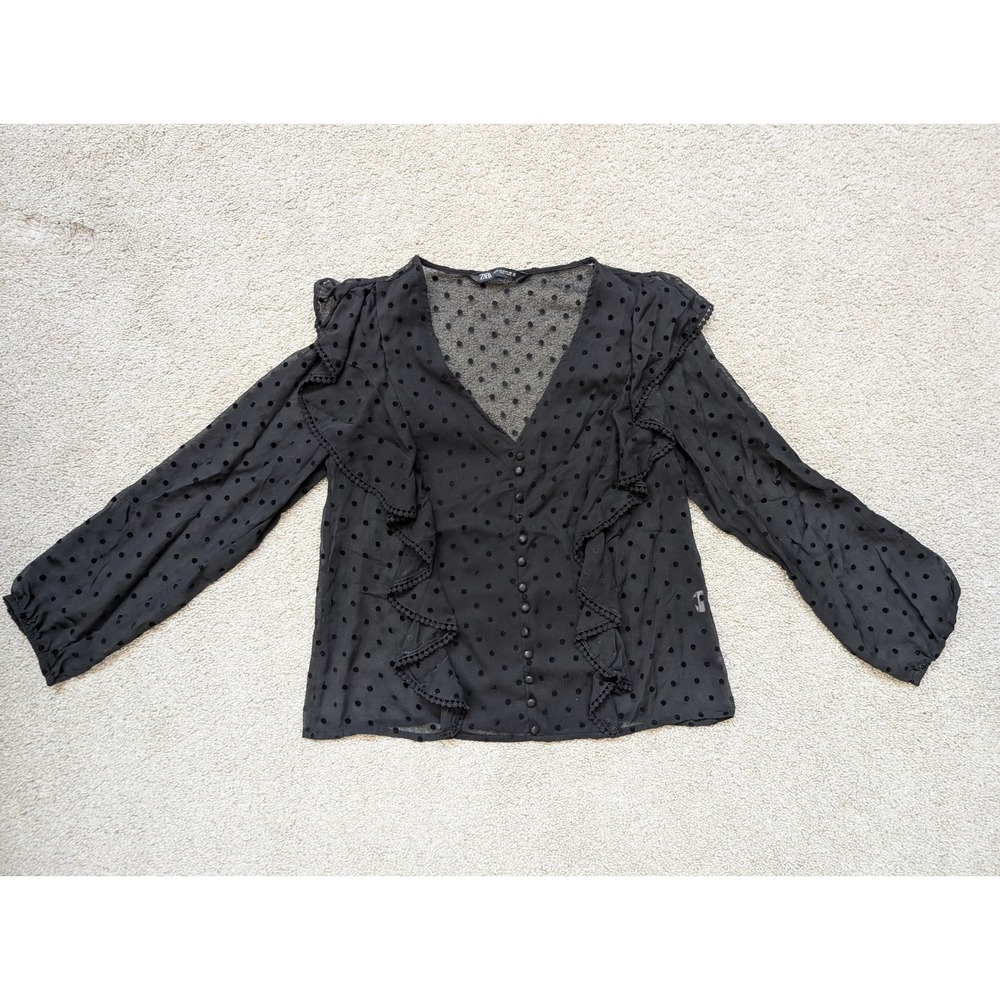 Zara Blouse Women Small Black Sheer Swiss Dot Ruffle V-Neck Button Front Top